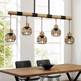 Pendant Lights Kitchen Island, Farmhouse 5-Light Dining Room Light Fixture Over Table, Boho Rustic Wood Chandeliers for Dining Room, Adjustable Hight with Hand Woven Wicker Shade