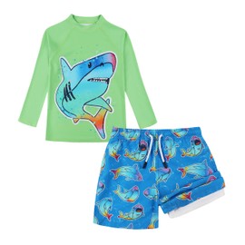 Swim Trunks with Compression Liner Sets,Toddler Boys Rash Guard Sets,Rash Guard with UPF 50+ Sun Protection 7T Blue Green Shark
