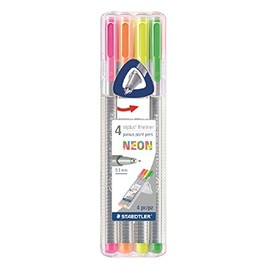 Triplus Fineliner Neon Coloring Pens in Case, 0.3mm, Metal Clad Tip, 4/PK