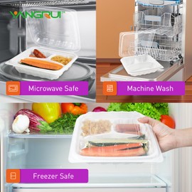 YANGRUI To Go Containers, Reusable Anti-Fog Shrink Wrap 25 Pack 8 x 8 Inch 34 OZ White Plastic Meal Prep Container BPA Free Microwave Freezer Safe 3 Compartment Clamshell Take Out Containers