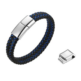 JewelryWe Mens Leather Bracelet Classic Braided Leather Cuff Punk Rock Style Lengthen Leather Wristband Bracelet with Magnetic Buckle,Silver