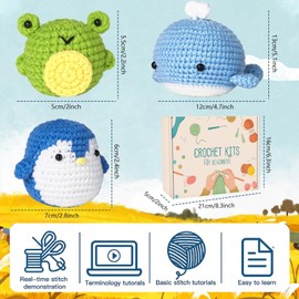 Heflashor Crochet Kit for Beginners,3pcs Cute Animals Crochet Kits,Crochet Starter Kit for Kids and Adults with Step-by-Step Video Tutorials and Enough Yarns,Hook Accessories