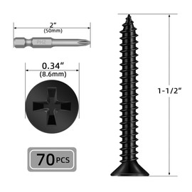 #10 x 1-1/2" Flat Head Sheet Metal Screws, Phillips Drive Self Tapping Screws, Wood Screws, 18-8 (304) Stainless Steel, Black Coating, 70 PCS
