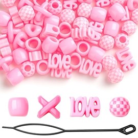 61 PCS Pink Hair Beads for Braids - Cute Heart & Round Shaped Dreadlock Jewelry Beads for Girls, Multi Shape Kids Braiding Hair Accessories and Loc Je