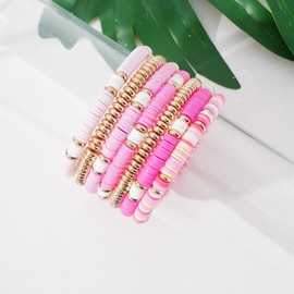 Pychee Summer Surfer Heishi Bracelet Set for Women Stackable Gold Plated Clay Ploymer Bead Stretch Pink Beach Layering Bracelets Jewelry (A-pink&gold set)