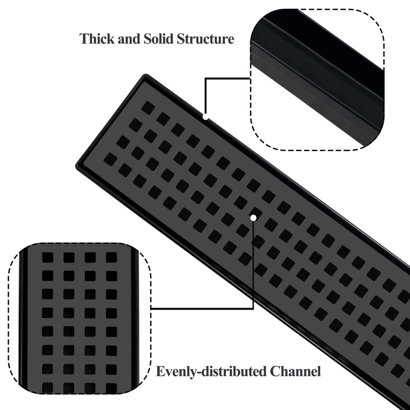 TECFORG 12 Inch Black Rectangular Shower Drain with Removable Quadrato
