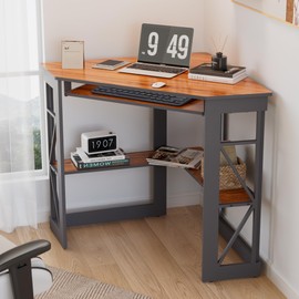 VECELO Corner Desk Computer Desk Writing Table with Smooth Keyboard Tray & Storage Shelves for Small Spaces,Compact Home Office Triangle Table,Teak Brown