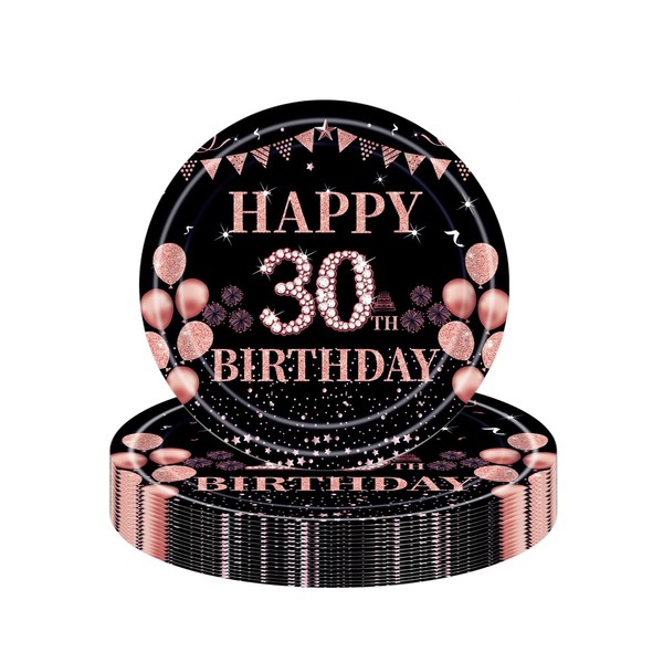 16Pcs Black Rose Gold 30th Birthday Paper Plates 9",Birthday Tableware Party Plate Disposable,Happy 30th Birthday Table Decorations Plates Birthday Gifts for Women,Ladies,Her 30th Birthday Décor