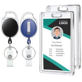 2 Set Badge Holder with Retractable Clip Clear Acrylic Vertical ID Card Holder Heavy Duty Badge Reel for Office Worker Nurse Teacher Student