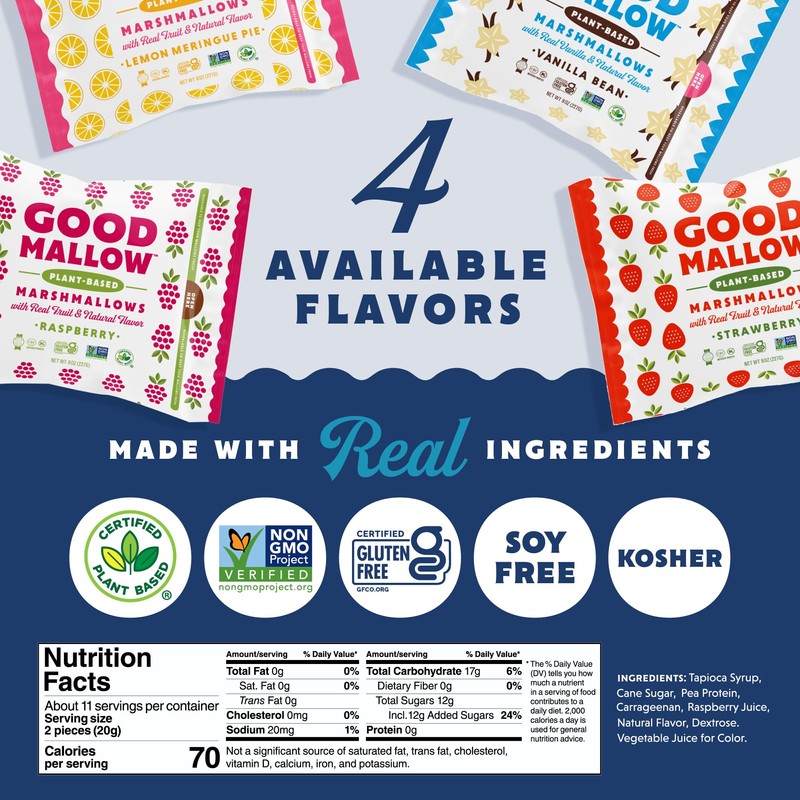 GoodMallow Vegan Marshmallows - Large Kosher Halal Gluten Free Dairy