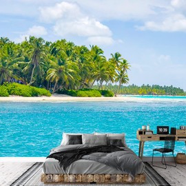 SIGNWIN Removable Wall Sticker/Wall Mural Green Palm Tree Island Vibrant Ocean Nature Wilderness Photography Realism Decorative Landscape Rustic for Living Room, Bedroom, Office - 100x144