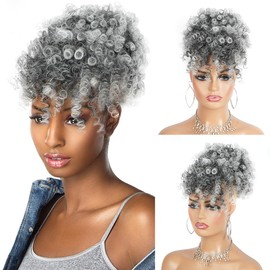 Cetiq Gray Afro Puff Drawstring Ponytail with Curly Hair Pieces Clip in Bangs Short Ponytail Hair Extensions drawstring ponytail for Black Women