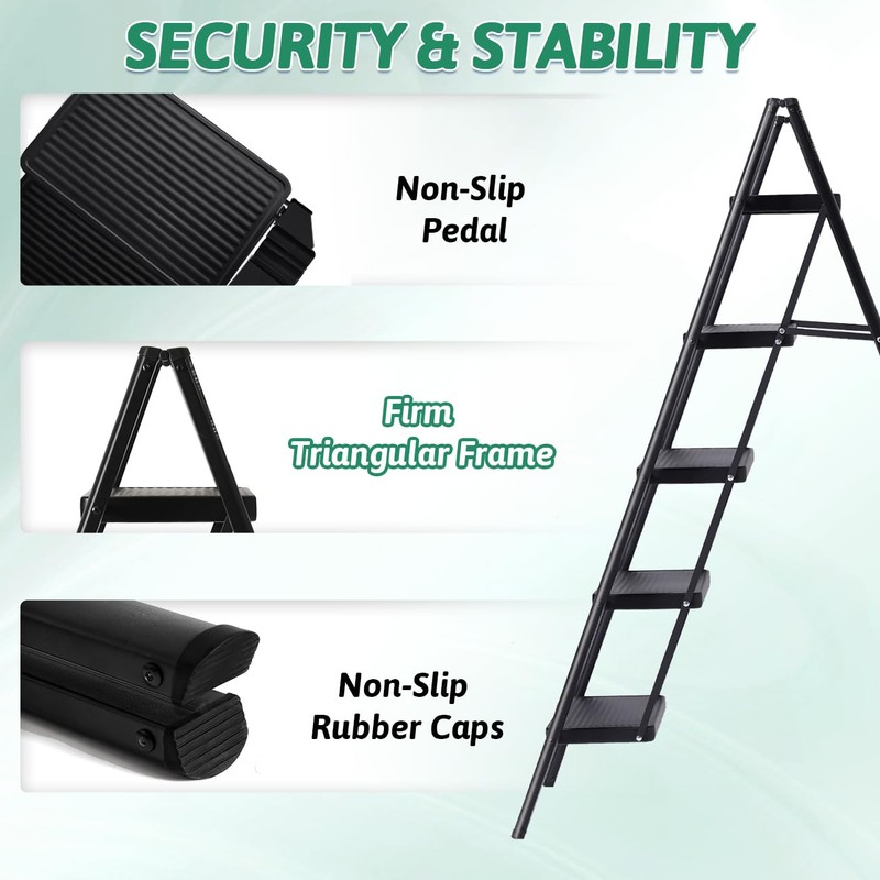 Step Ladder 5 Step Folding, OOSOFITT 330 Lbs Load Heavy