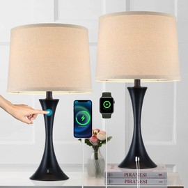 LIT-PaTH Table Lamp for Bedroom Nightstand Set of 2, Bedside Lamps with 3 Way Dimmable Touch Control and USB C+A Charging Ports, Linen Shade Desk Lamp for Living Room, Black (LED Bulb Not Included)