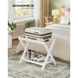 SONGMICS Solid Wood Luggage Racks, Set of 2, No Assembly Required, Foldable Suitcase Stand, Luggage Holder, with Storage Shelf, for Guest Room, Hotel, Bedroom, Cloud White URLR021W01