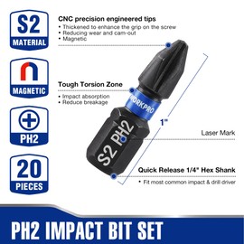 WORKPRO 20pcs PH2 Impact Phillips Screwdriver Bit Set, CNC Machined S2 Steel Tips with Magnetism, 1/4" Hex-Shank Driver Bits, 1" Long Impact Screwdriving Bits with Storage Box