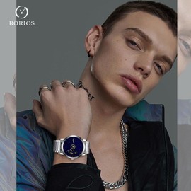 RORIOS Relojes Cuarzo de Pulsera para Hombres Reloj Diseño Creativo Reloj Único Análogo Reloj Moda Cielo Estrellado Reloj Elegant Acero Inoxidable, Silver Blue, Bracelet