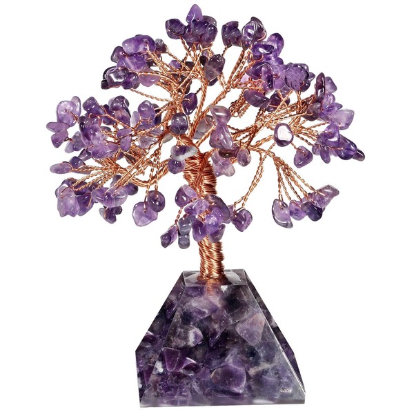 Yatming Healing Amethyst Stone Money Tree with Pyramid Base Crystal Bonsai Tree Feng Shui for Office Home Decor
