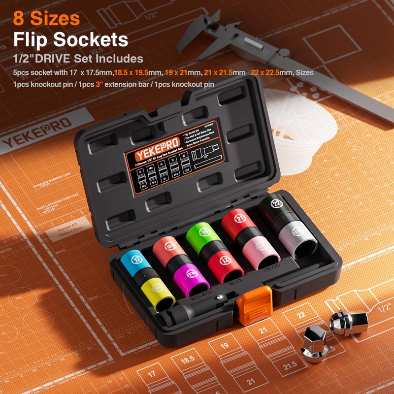 1/2-Inch Drive 7pc Half Size Lug Nut Flip Socket Set,