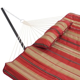 Sunnydaze Rope Hammock with Stand Combo - 275-Pound Capacity - Includes 12-Foot Hammock Stand, Spreader Bar, Pad, and Pillow - Awning Stripe