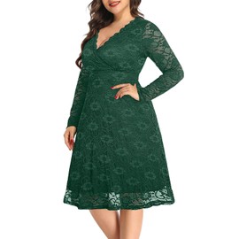Plus Size Wedding Guest Dresses Emerald Green Mother of Bride Cocktail Fall Wrap Lace Formal Long Sleeve Midi Dress