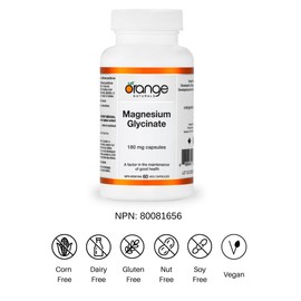 Orange Naturals - Magnesium Glycinate - 180mg 60 v-caps - Magnesium Bisglycinate Supplements for Men and Women - Relaxation, Sleep Support, Pressure Relief, Healthy Bones, Healthy Teeth & Muscle Function