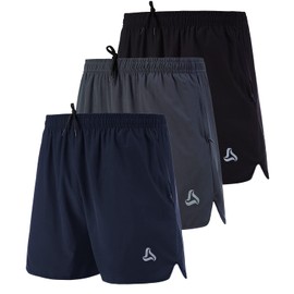 SILKWORLD Men's Running Stretch Quick Dry Shorts with Zipper Pockets(Pack of 2,3) (Black, Deep Navy, Deep Grey (Pack of 3), X-Large)