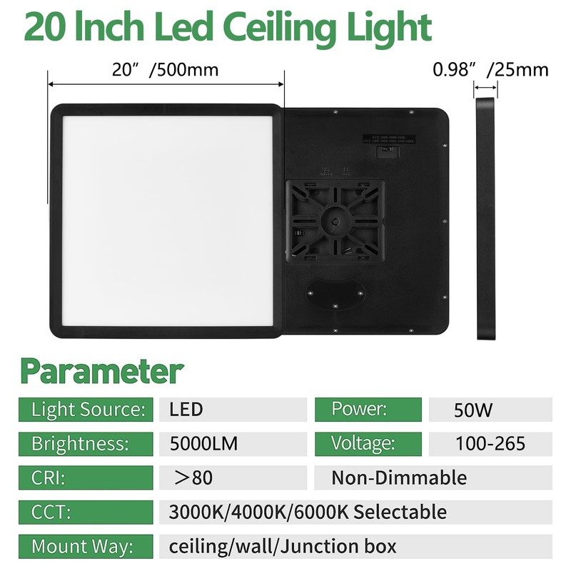 20 Inch Large LED Flush Mount Ceiling Light,50W 5000LM, 3000K/4000K/6000K