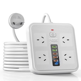 AUSELECT Powerboard USB, 10IN1 Power Strip USB C, Power Board Surge Protector with 4-Outlets, 2Meter Power Extension Cord with 2-USBC & 4-USB 2500W Surge Protection, Wall Mountable, for Home Office