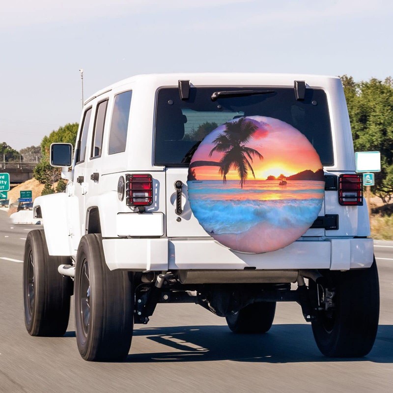 KiuLoam Ocean Sunrise Tropical Palm Tree Spare Tire Cover Polyester
