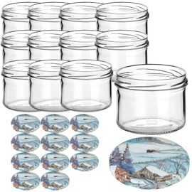 gouveo Set of 12 Preserving Jars 230 ml with Christmas Lid Winter Landscape - Empty Storage Jars with TO82 Closure - Small Jam Jars, Preserving Jars for Christmas