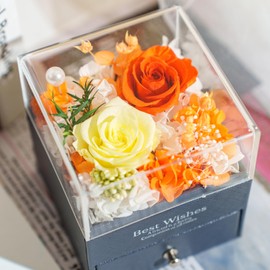 Eternal Flower, Preserved Roses, Rose Gift Box, Acrylic Dome Decor with Wooden Base, Gift for Birthdays, Anniversaries, Weddings, Thanksgiving, Christmas, Mother’s Day (Golden Sunrise)