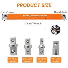 Offset Extension Wrench, Zero Degree Ratchet Extension Set Impact Ready Socket Wrench Extender Tool with 1/2", 1/4", 3/8" Drive Adapters and 1/4" Socket for Tight Place Orange