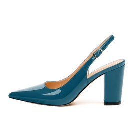 RLYGHWAO Women's Pumps, Pointed Toe High Heels, Slingback with Buckle, Fashion Solid Patent Pumps for Working Partying Wedding Teal Patent Size 7.5