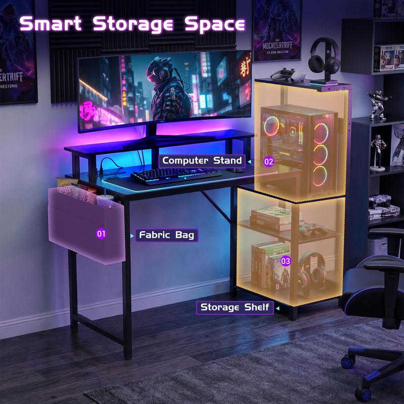 Gaming Desk 54 Inch Computer Table with Storage Shelves &