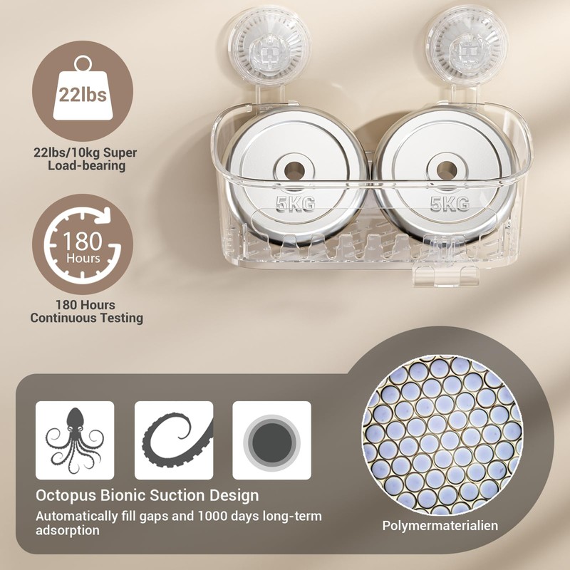 Luxear Shower Caddy, Suction Shower Caddy with Razor Hooks, Clear