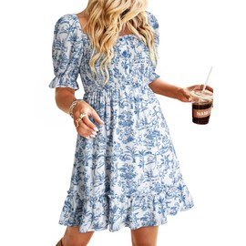 Dokotoo Sundresses for Women Casual Beach Vacation Clothes for Women Summer Dress Womens Easter Elegant Bohemian Puff Sleeve Ruffle Flowy Floral Smocked Babydoll Mini Dress Sky Blue X-Large