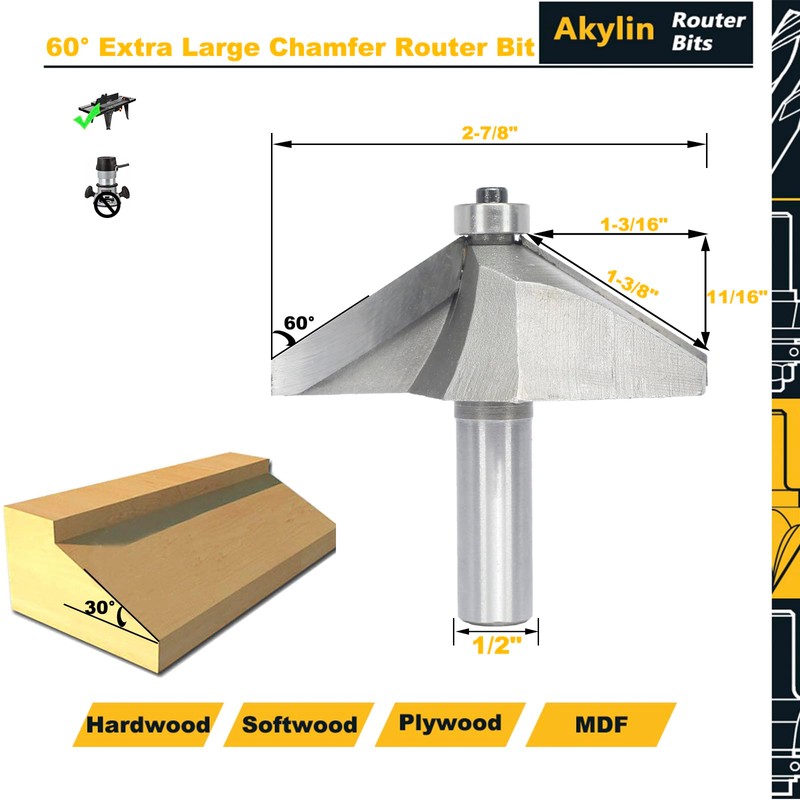 Akylin 60 Degree Chamfer Router Bit,1/2" Shank,1-3/16" Cutting Depth,11/16" Cutting
