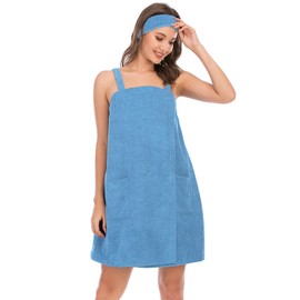 ANUFER Womens Adjustable Towel Wraps Bathrobe with Headband for Gym Shower Spa & Beach Cover Ups Blue XL