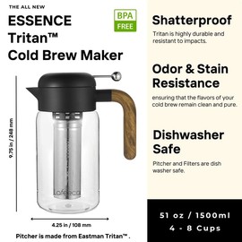 LAFEECA Cold Brew Coffee Maker - Iced Tea Brewer with Airtight Lid - Stainless Dual Ultra Filter - Tritan Pitcher - 1500 ml / 51 oz - Black