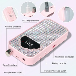 Professional Rechargeable Nail Drill Machine: 45000RPM Glitter Portable Cordless Nail Drill, Electric Nail File Kits with Bits & Base Easy Use E-File for Home & Salon Manicure Pedicure (Pink)
