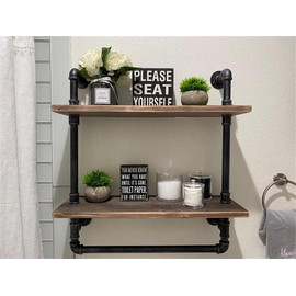 Industrial Bathroom Shelves Wall Mounted 2 Tiered,24in Pipe Shelving Wood Shelf with Towel Bar,Rustic Farmhouse Towel Rack,Metal Floating Shelves Towel Holder,Iron Distressed Shelf Over Toilet