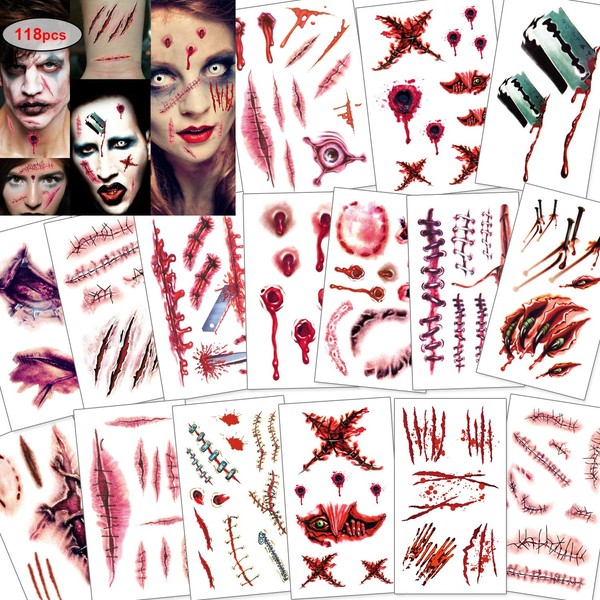 Konsait 120pcs Halloween Scars Tattoos, Halloween Bleeding Wound Temporary Tattoo, Zombie Vampire Makeup Bite Tattoo, Waterproof Fake Blood Tattoo for Kids Women Men Halloween Party Cosplay Costume
