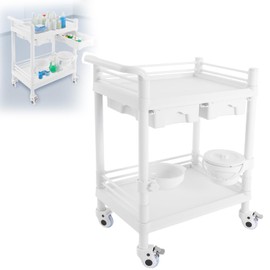 Rolling Medical Carts 2 Tier Esthetician Cart, 198 LBS Max Load Mobile Utility Cart with Wheels Drawers Dirt Bucket for Salon Hospital Office Lab