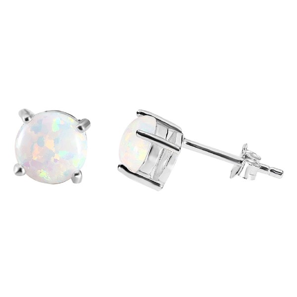 Round White Simulated Opal Stud Earrings Sterling Silver
