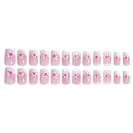 French Tip Press on Nails Medium Square Fake Nails Nude Pink Glue on Nails with Pink Hibiscus Flower Design Glossy Spring Summer Flower False Nails Full Cover Stick on Nails for Women Daily Wear