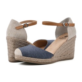 WHITE MOUNTAIN Sandalias de cuña con Correa al Tobillo para Mujer, Denimblue/Fab, 7 Wide