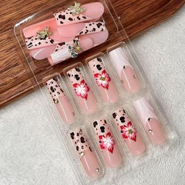 Jremg Leopard Print Press on Nails Long Square Fake Nails with Rhinestones Designs Luxury 3D Flowers Coffin False Nails Reusable Glossy Silver Cherry Glue on Nails for Women 24Pcs