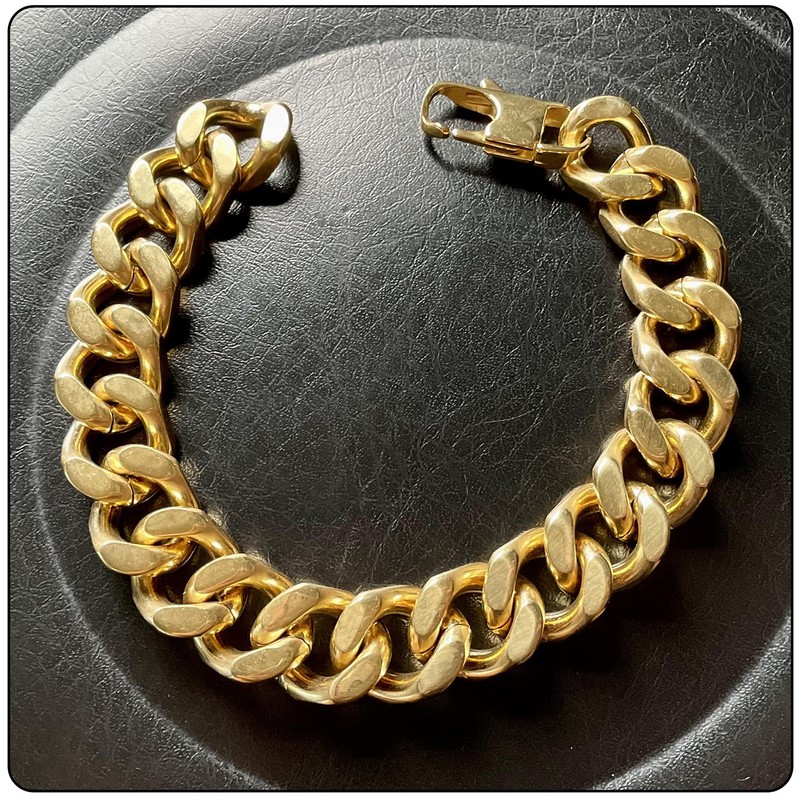 Fusamk Hip Hop Stainless Steel Bracelet Flat Link Bracelet Cuban