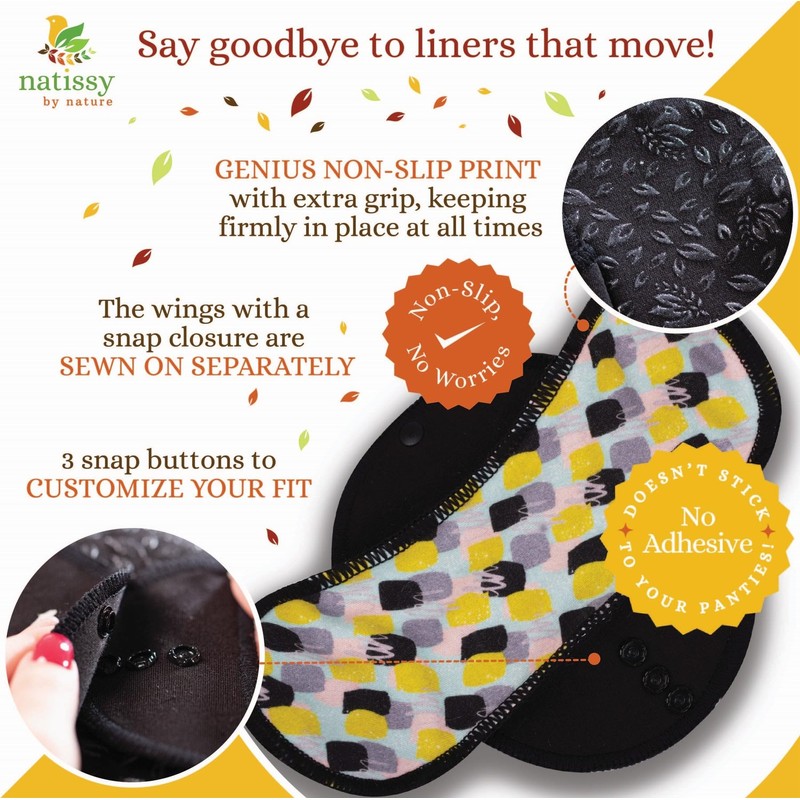 Washable Pantiliners Organic Cotton with Non-Slip Print; 7 Pack (M)